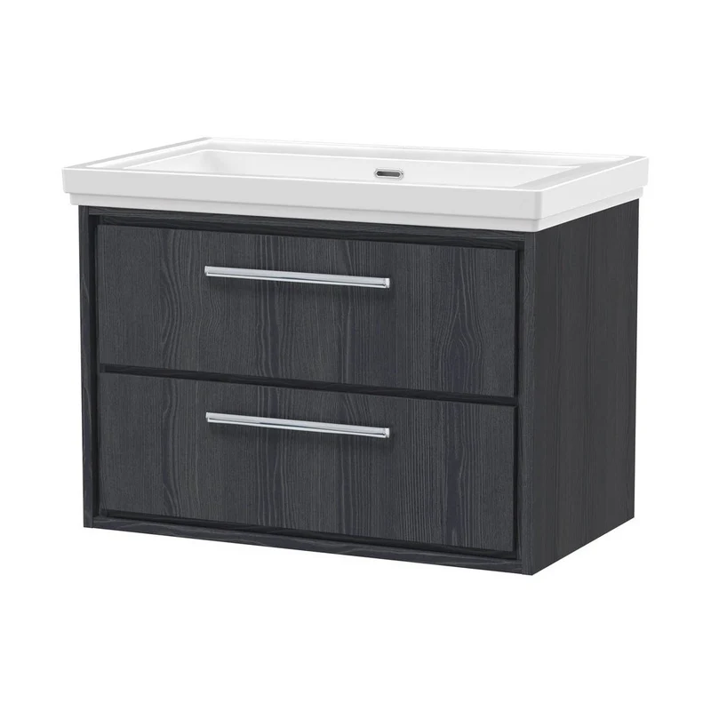 Hudson Reed Lille 800mm Wall Hung 2-drawer Vanity With Basin - 0 Tap Hole Contemp Graphite Grey Woodgrain Fireclay,MFC Textured Woodgrain 606x830x471mm