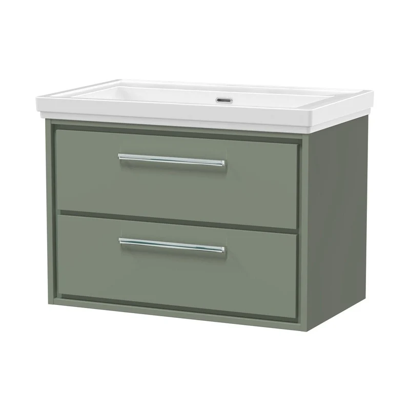 Hudson Reed Lille 800mm Wall Hung 2-drawer Vanity With Basin - 0 Tap Hole Contemp Fern Green Fireclay,MFC Smooth Matt 606x830x471mm