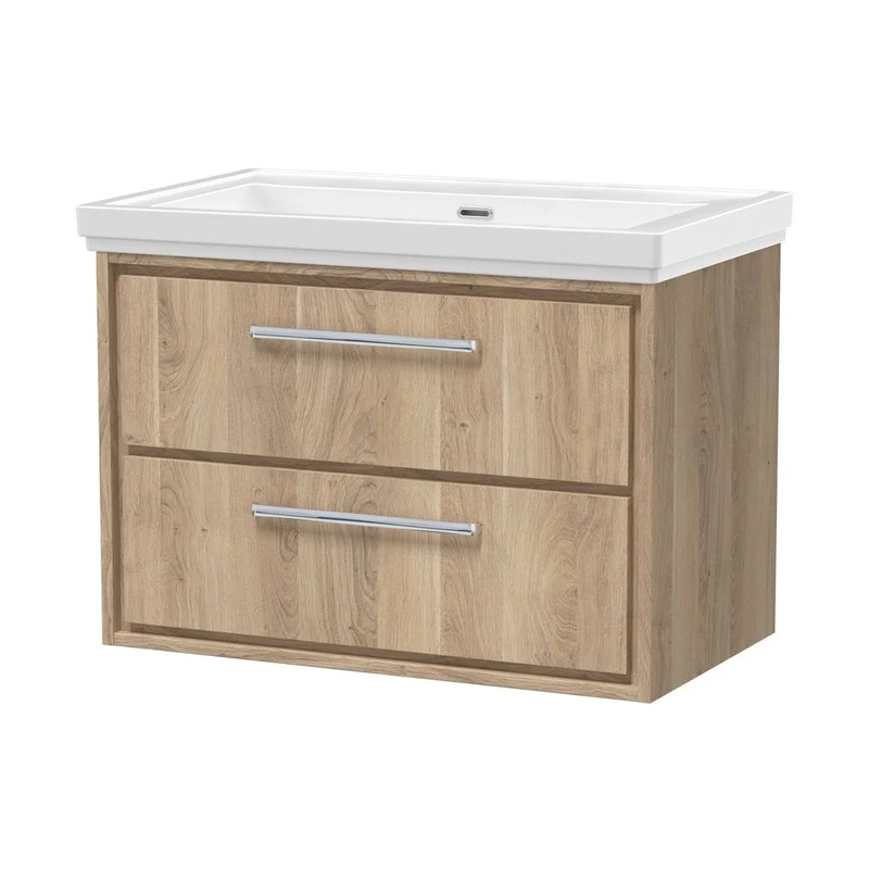 Hudson Reed Lille 800mm Wall Hung 2-drawer Vanity With Basin - 0 Tap Hole Contemp Bleached Oak Fireclay,MFC Textured Woodgrain 606x830x471mm