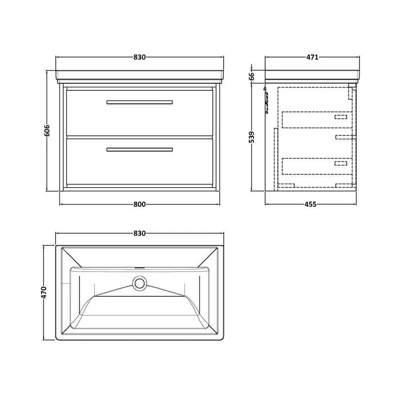 Hudson Reed Lille 800mm Wall Hung 2-drawer Vanity With Basin - 0 Tap Hole Contemp Bleached Oak Fireclay,MFC Textured Woodgrain 606x830x471mm