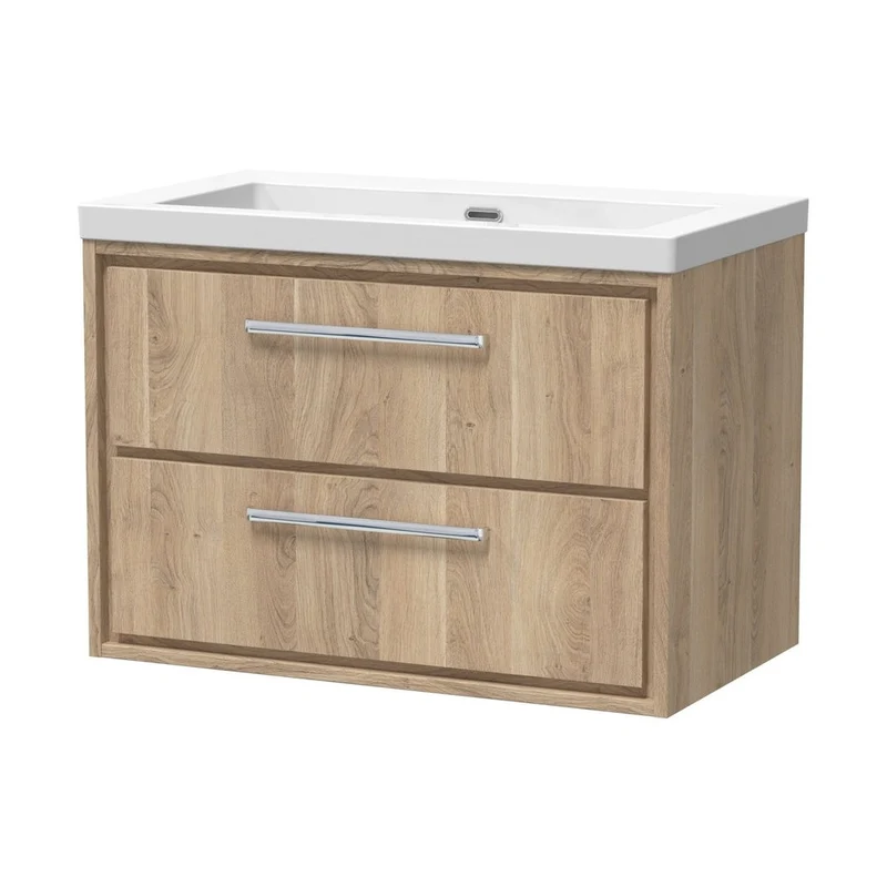 Hudson Reed Lille 800mm Wall Hung 2-drawer Vanity With Basin - 0 Tap Hole Contemp Bleached Oak Fireclay,MFC Textured Woodgrain 584x813x462mm