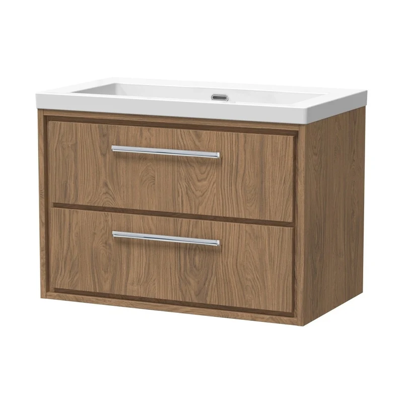 Hudson Reed Lille 800mm Wall Hung 2-drawer Vanity With Basin - 0 Tap Hole Contemp Antique Oak Fireclay,MFC Textured Woodgrain 584x813x462mm