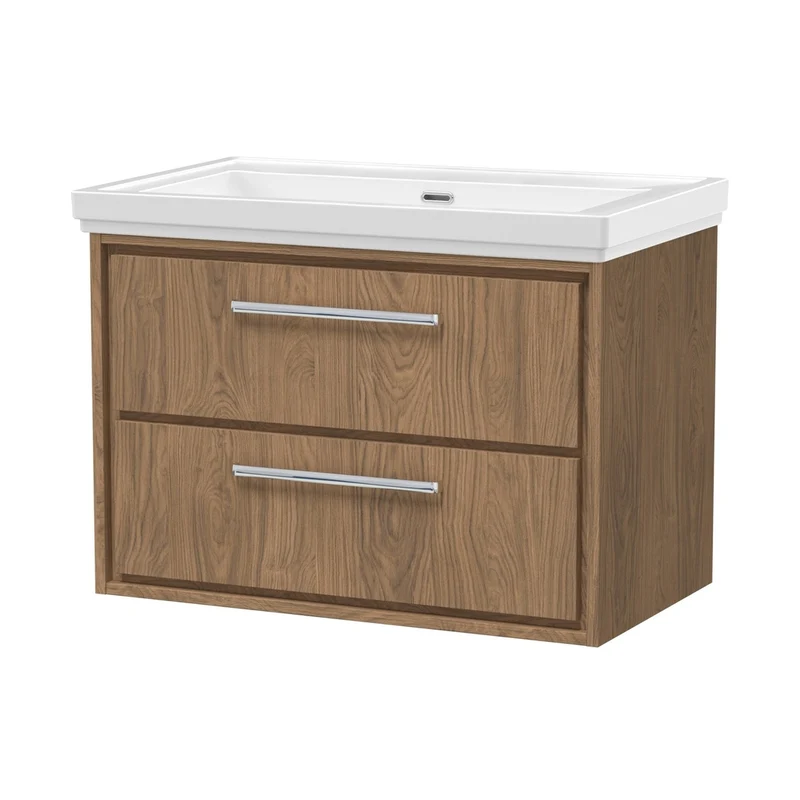Hudson Reed Lille 800mm Wall Hung 2-drawer Vanity With Basin - 0 Tap Hole Contemp Antique Oak Fireclay,MFC Textured Woodgrain 606x830x471mm