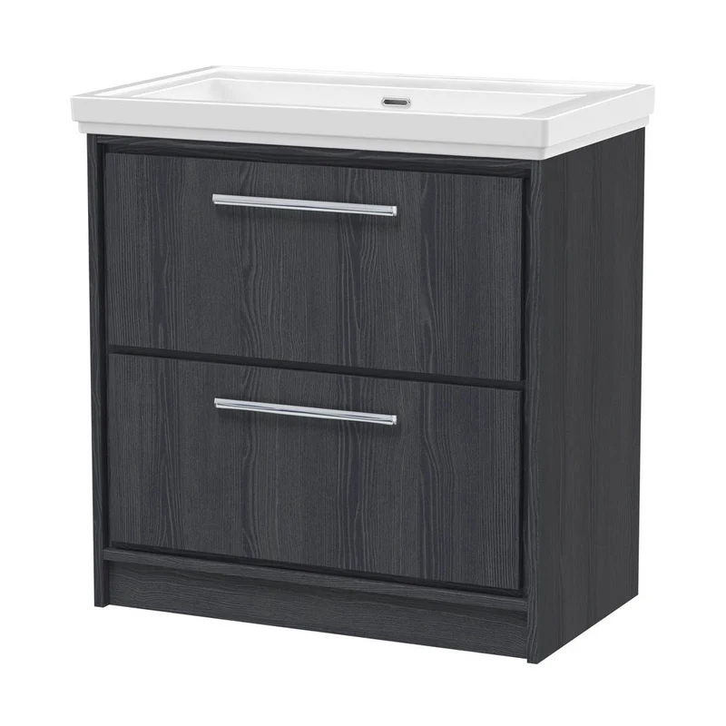 Hudson Reed Lille 800mm Floor Standing 2-drawer Vanity With Basin - 0 Tap Hole Contemp Graphite Grey Woodgrain Fireclay,MFC Textured Woodgrain 867x830x471mm