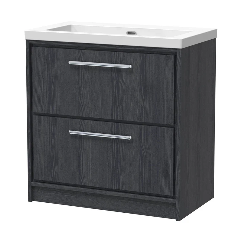Hudson Reed Lille 800mm Floor Standing 2-drawer Vanity With Basin - 0 Tap Hole Contemp Graphite Grey Woodgrain Fireclay,MFC Textured Woodgrain 845x813x462mm