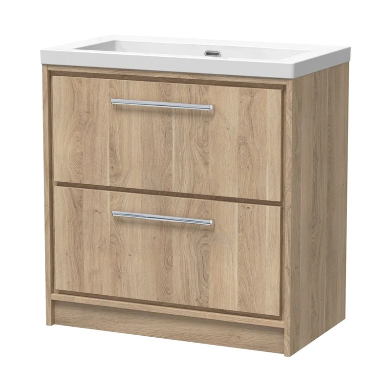 Hudson Reed Lille 800mm Floor Standing 2-drawer Vanity With Basin - 0 Tap Hole Contemp Bleached Oak Fireclay,MFC Textured Woodgrain 845x813x462mm