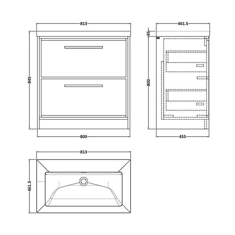 Hudson Reed Lille 800mm Floor Standing 2-drawer Vanity With Basin - 0 Tap Hole Contemp Bleached Oak Fireclay,MFC Textured Woodgrain 845x813x462mm