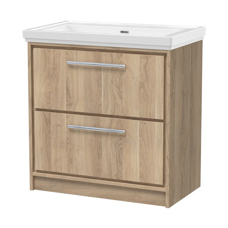 Hudson Reed Lille 800mm Floor Standing 2-drawer Vanity With Basin - 0 Tap Hole Contemp Bleached Oak Fireclay,MFC Textured Woodgrain 867x830x471mm