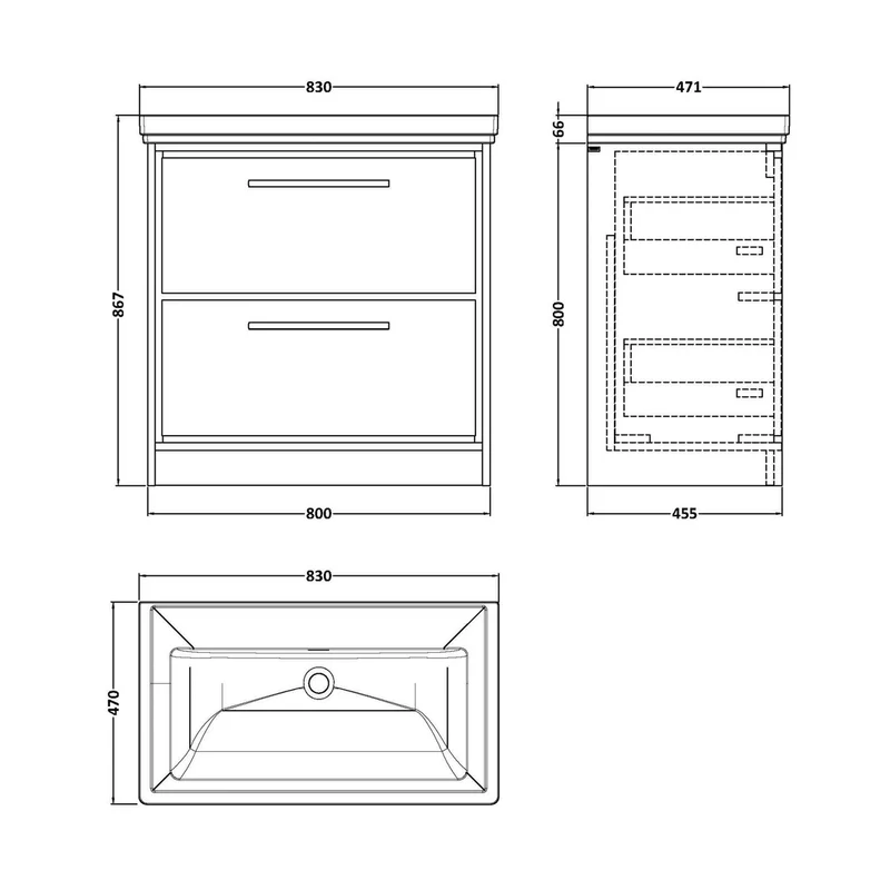 Hudson Reed Lille 800mm Floor Standing 2-drawer Vanity With Basin - 0 Tap Hole Contemp Bleached Oak Fireclay,MFC Textured Woodgrain 867x830x471mm