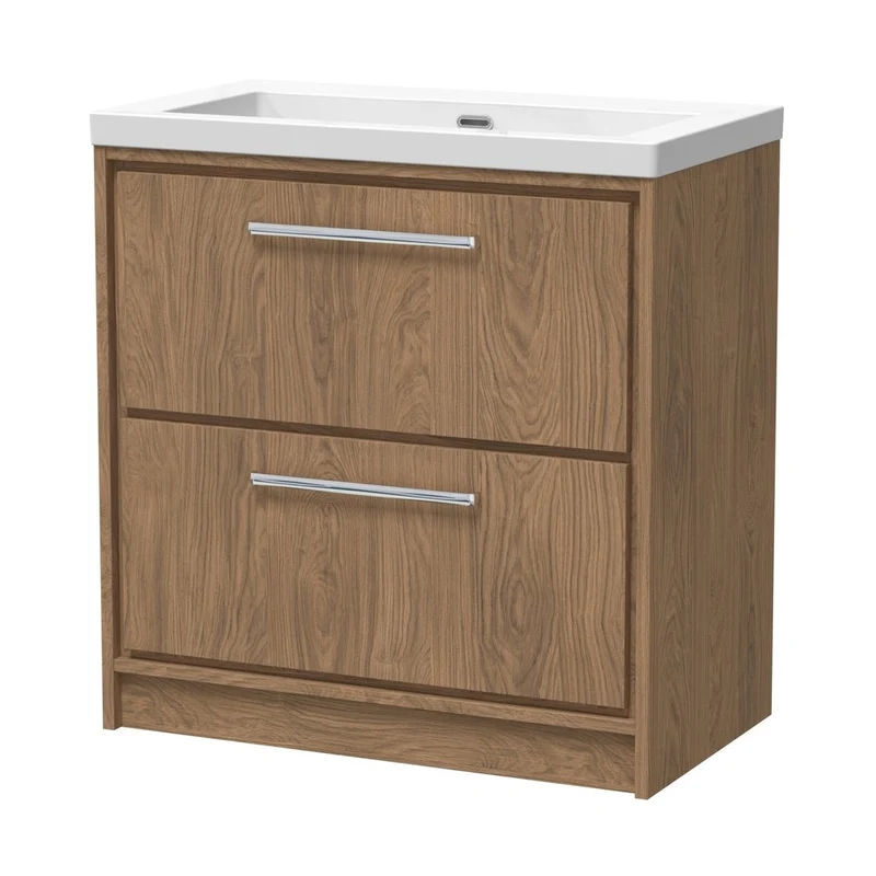 Hudson Reed Lille 800mm Floor Standing 2-drawer Vanity With Basin - 0 Tap Hole Contemp Antique Oak Fireclay,MFC Textured Woodgrain 845x813x462mm