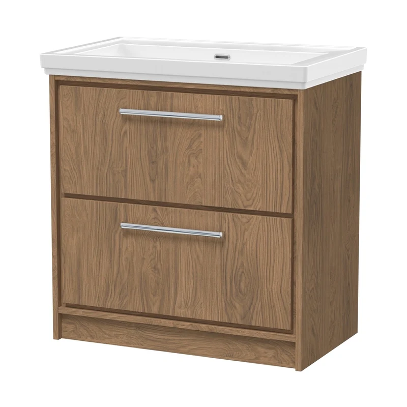 Hudson Reed Lille 800mm Floor Standing 2-drawer Vanity With Basin - 0 Tap Hole Contemp Antique Oak Fireclay,MFC Textured Woodgrain 867x830x471mm