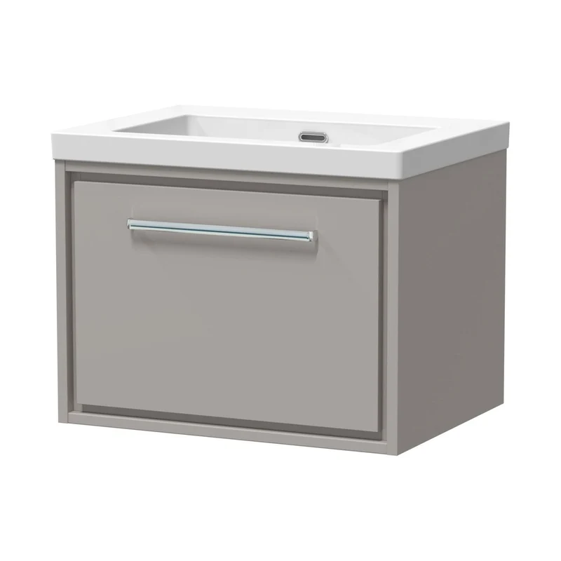 Hudson Reed Lille 600mm Wall Hung Single Drawer Vanity With Basin - 0 Tap Hole Contemp Pebble Grey Fireclay,MFC Smooth Matt 476x613x462mm