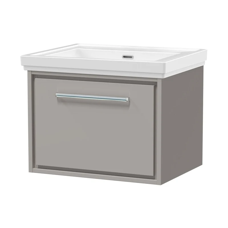 Hudson Reed Lille 600mm Wall Hung Single Drawer Vanity With Basin - 0 Tap Hole Contemp Pebble Grey Fireclay,MFC Smooth Matt 497x630x471mm