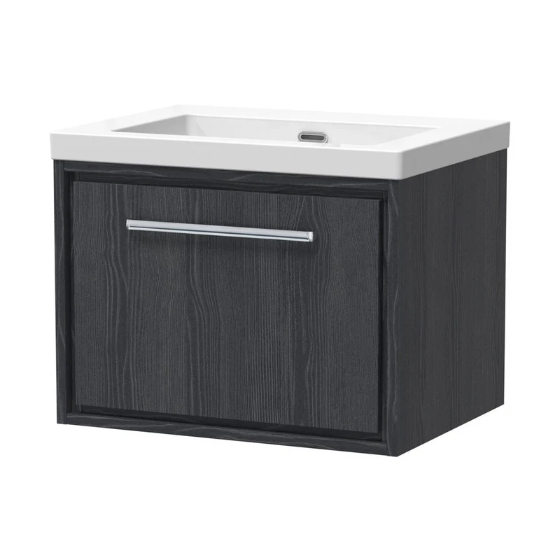 Hudson Reed Lille 600mm Wall Hung Single Drawer Vanity With Basin - 0 Tap Hole Contemp Graphite Grey Woodgrain Fireclay,MFC Textured Woodgrain 476x613x462mm