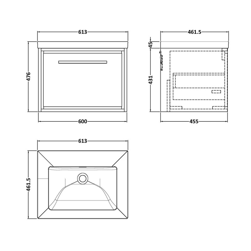 Hudson Reed Lille 600mm Wall Hung Single Drawer Vanity With Basin - 0 Tap Hole Contemp Graphite Grey Woodgrain Fireclay,MFC Textured Woodgrain 476x613x462mm