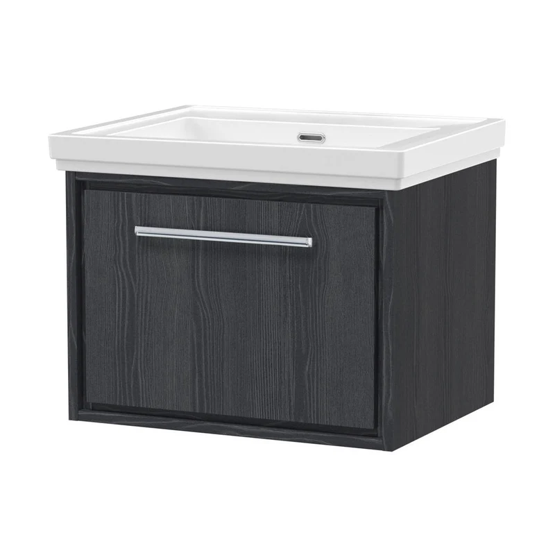 Hudson Reed Lille 600mm Wall Hung Single Drawer Vanity With Basin - 0 Tap Hole Contemp Graphite Grey Woodgrain Fireclay,MFC Textured Woodgrain 497x630x471mm