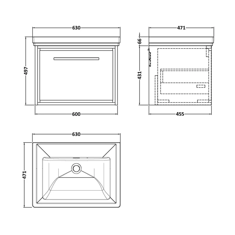 Hudson Reed Lille 600mm Wall Hung Single Drawer Vanity With Basin - 0 Tap Hole Contemp Graphite Grey Woodgrain Fireclay,MFC Textured Woodgrain 497x630x471mm