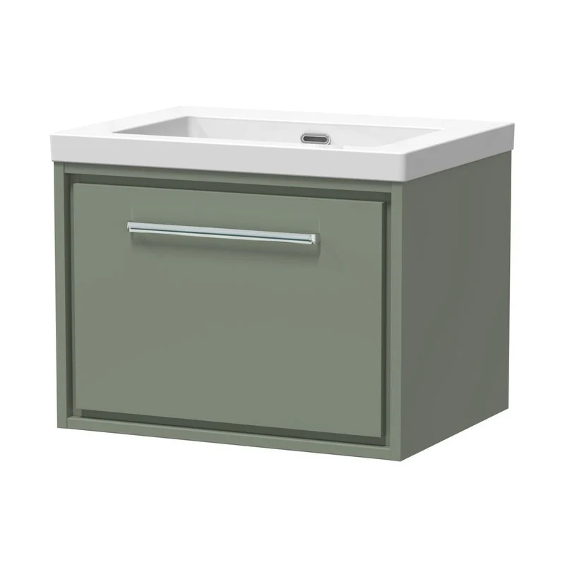 Hudson Reed Lille 600mm Wall Hung Single Drawer Vanity With Basin - 0 Tap Hole Contemp Fern Green Fireclay,MFC Smooth Matt 476x613x462mm