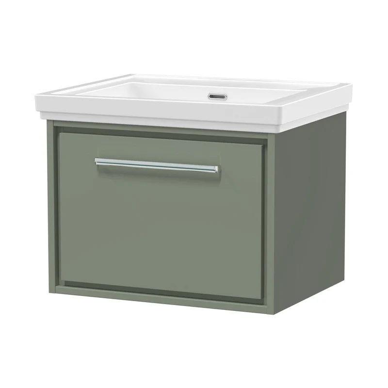 Hudson Reed Lille 600mm Wall Hung Single Drawer Vanity With Basin - 0 Tap Hole Contemp Fern Green Fireclay,MFC Smooth Matt 497x630x471mm