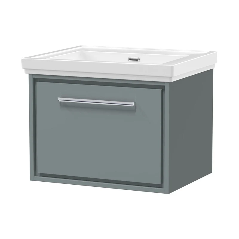 Hudson Reed Lille 600mm Wall Hung Single Drawer Vanity With Basin - 0 Tap Hole Contemp Coastal Grey Fireclay,MFC Smooth Matt 497x630x471mm