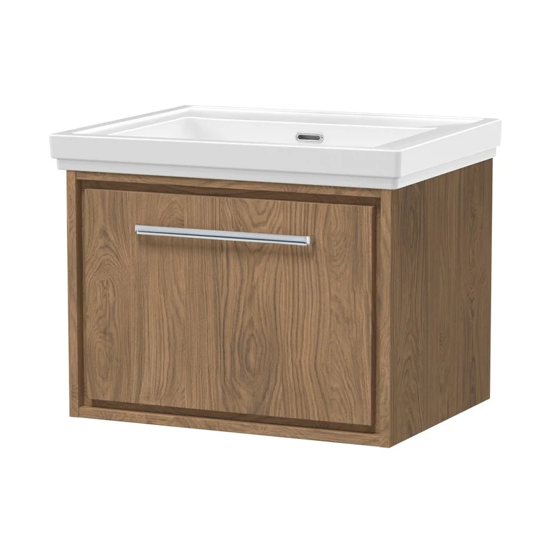 Hudson Reed Lille 600mm Wall Hung Single Drawer Vanity With Basin - 0 Tap Hole Contemp Antique Oak Fireclay,MFC Textured Woodgrain 497x630x471mm