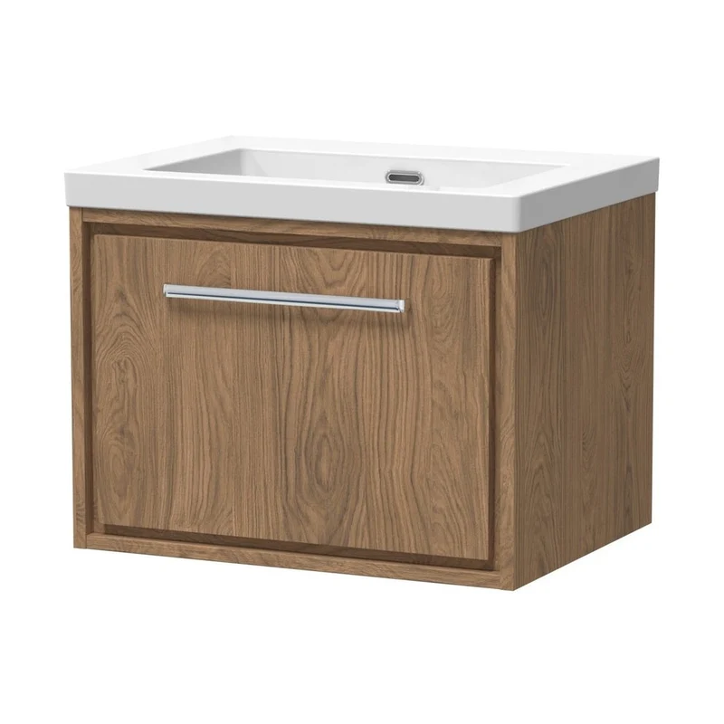 Hudson Reed Lille 600mm Wall Hung Single Drawer Vanity With Basin - 0 Tap Hole Contemp Antique Oak Fireclay,MFC Textured Woodgrain 476x613x462mm