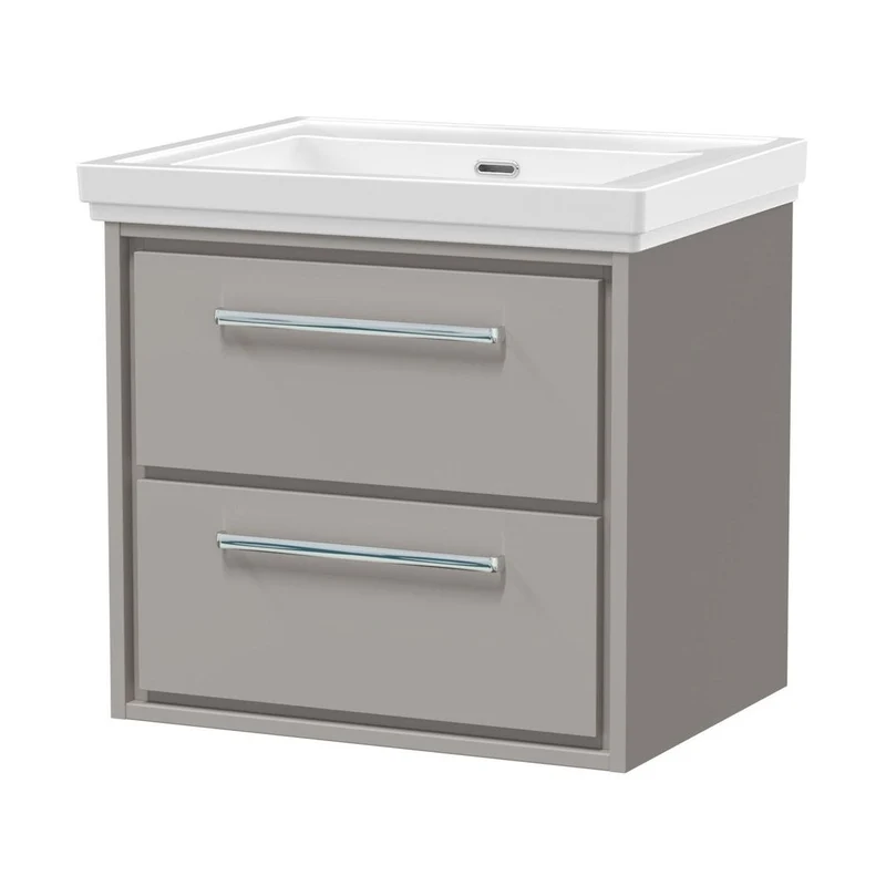 Hudson Reed Lille 600mm Wall Hung 2-drawer Vanity With Basin - 0 Tap Hole Contemp Pebble Grey Fireclay,MFC Smooth Matt 605x630x471mm