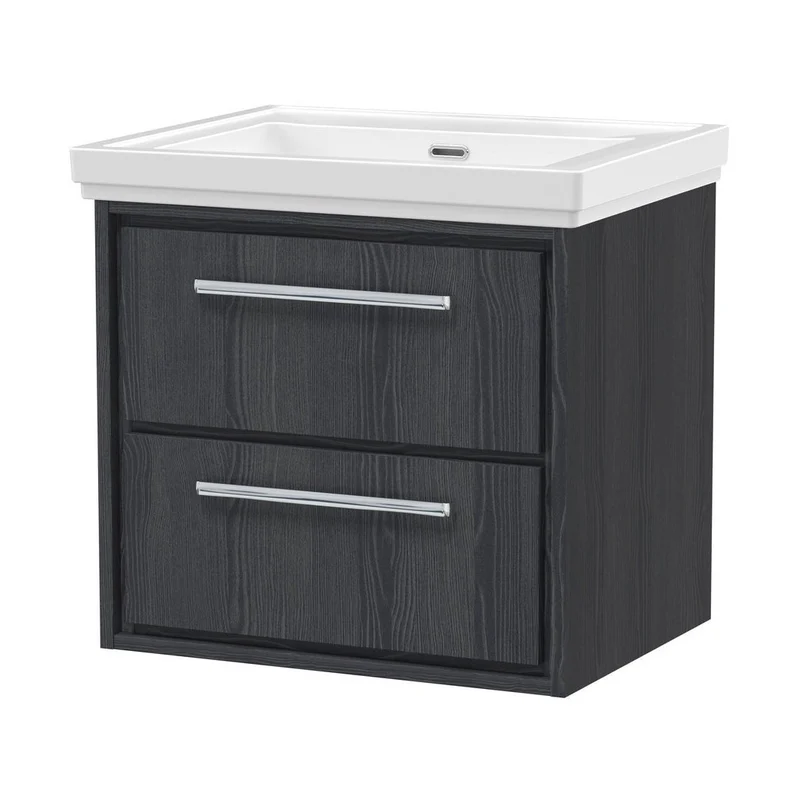 Hudson Reed Lille 600mm Wall Hung 2-drawer Vanity With Basin - 0 Tap Hole Contemp Graphite Grey Woodgrain Fireclay,MFC Textured Woodgrain 605x630x471mm