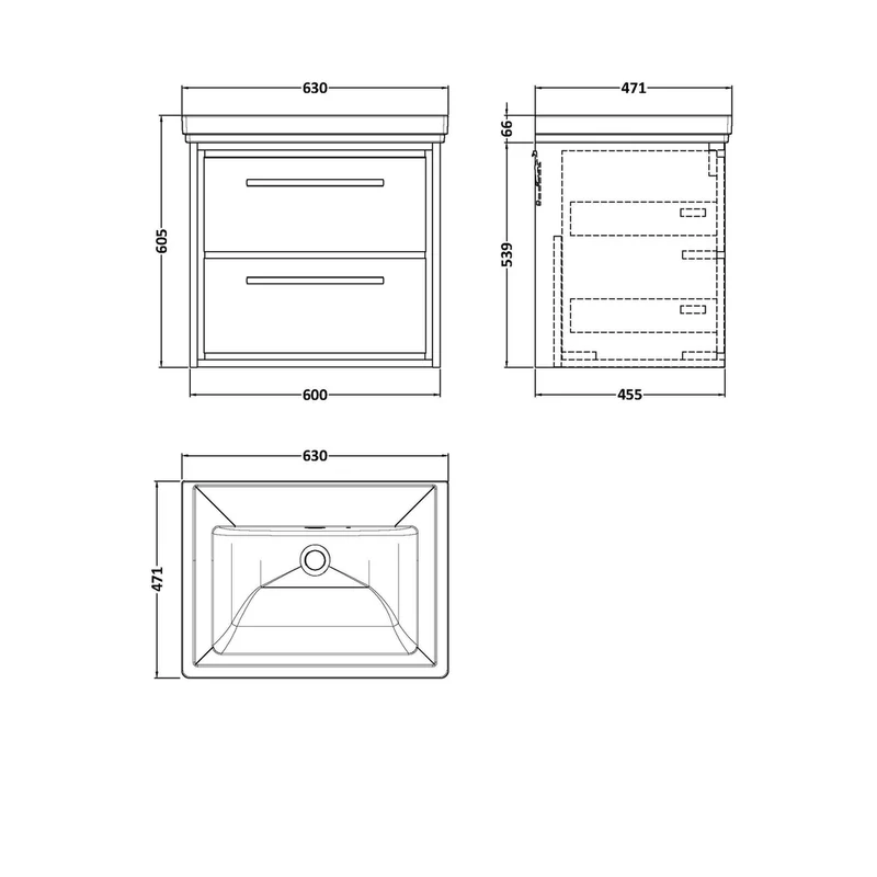 Hudson Reed Lille 600mm Wall Hung 2-drawer Vanity With Basin - 0 Tap Hole Contemp Graphite Grey Woodgrain Fireclay,MFC Textured Woodgrain 605x630x471mm
