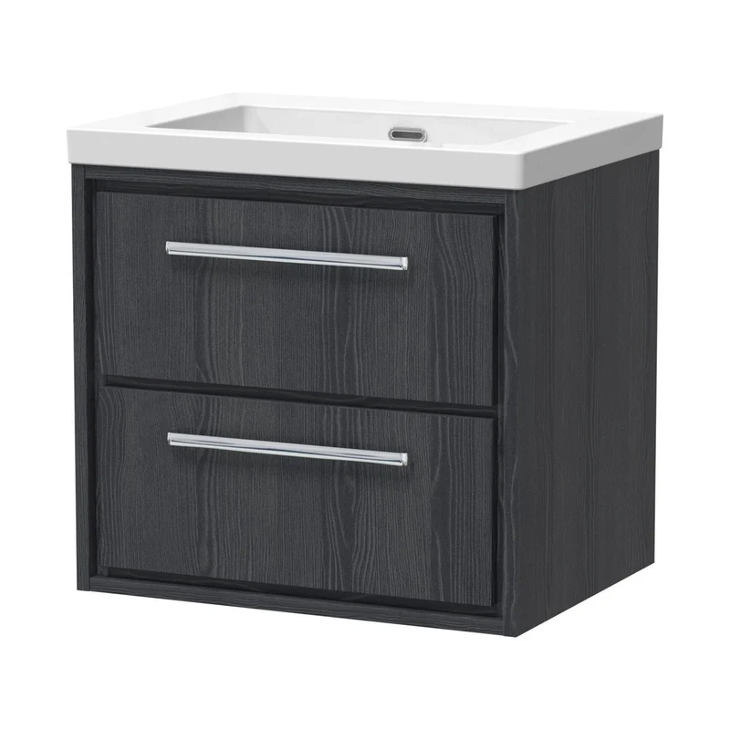 Hudson Reed Lille 600mm Wall Hung 2-drawer Vanity With Basin - 0 Tap Hole Contemp Graphite Grey Woodgrain Fireclay,MFC Textured Woodgrain 584x613x462mm