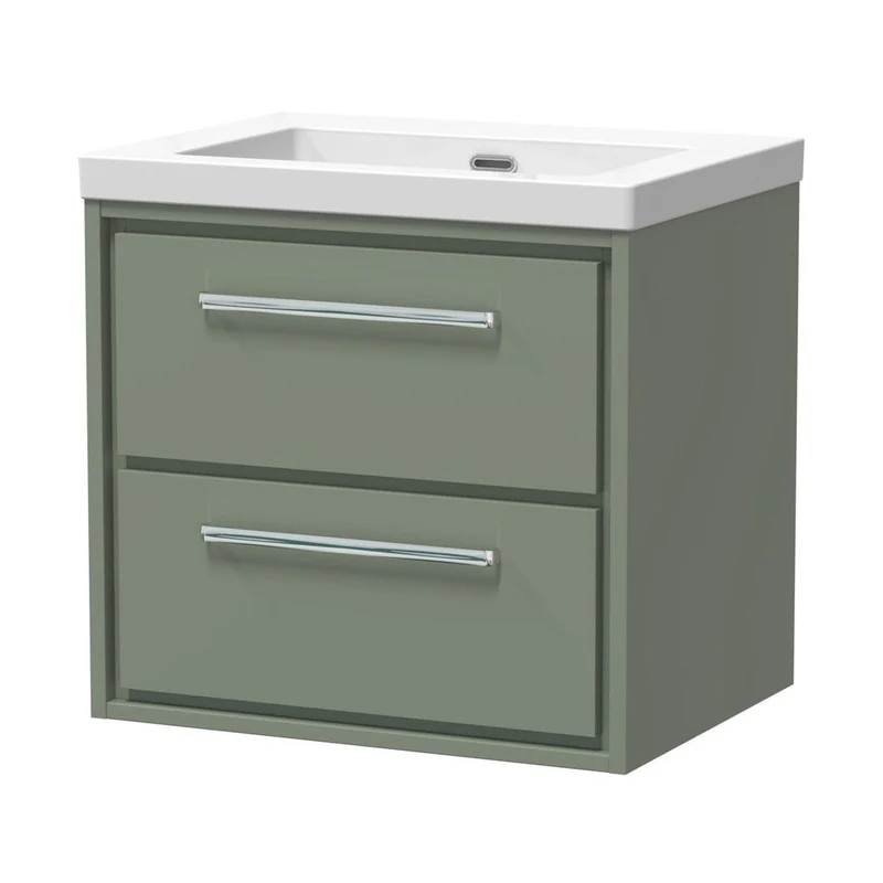 Hudson Reed Lille 600mm Wall Hung 2-drawer Vanity With Basin - 0 Tap Hole Contemp Fern Green Fireclay,MFC Smooth Matt 584x613x462mm