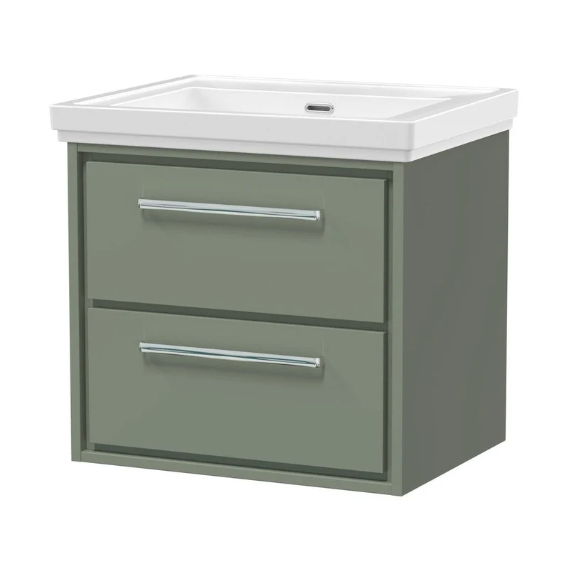 Hudson Reed Lille 600mm Wall Hung 2-drawer Vanity With Basin - 0 Tap Hole Contemp Fern Green Fireclay,MFC Smooth Matt 605x630x471mm