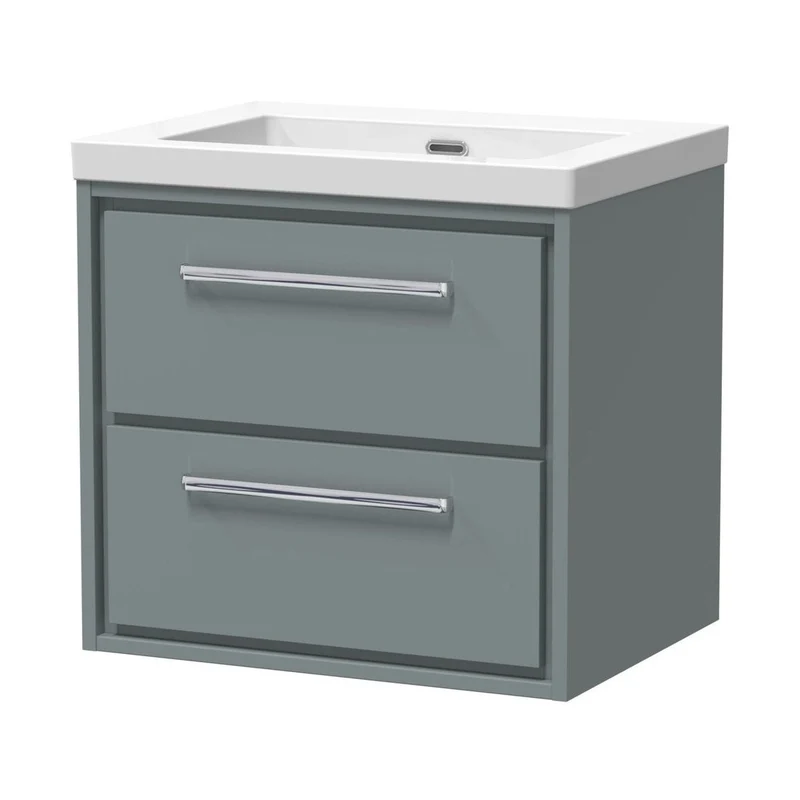 Hudson Reed Lille 600mm Wall Hung 2-drawer Vanity With Basin - 0 Tap Hole Contemp Coastal Grey Fireclay,MFC Smooth Matt 584x613x462mm