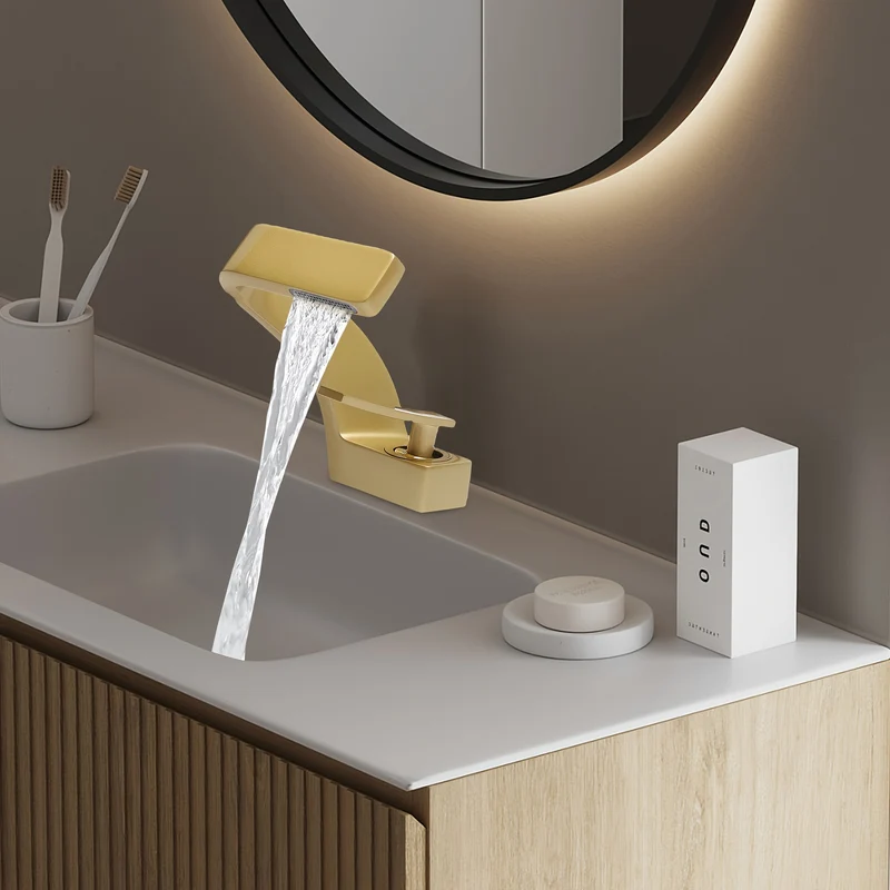 Mitigeur de lavabo cascade doré au bec en Z