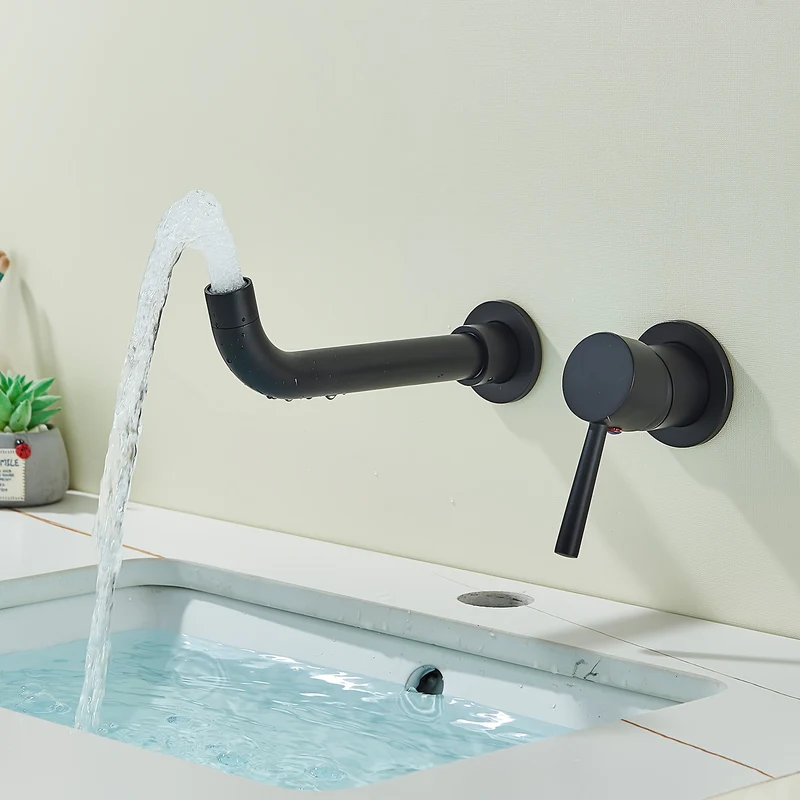 Mitigeur de lavabo mural noir au bec fin encastré