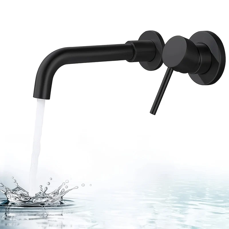 Mitigeur de lavabo mural noir au bec fin encastré