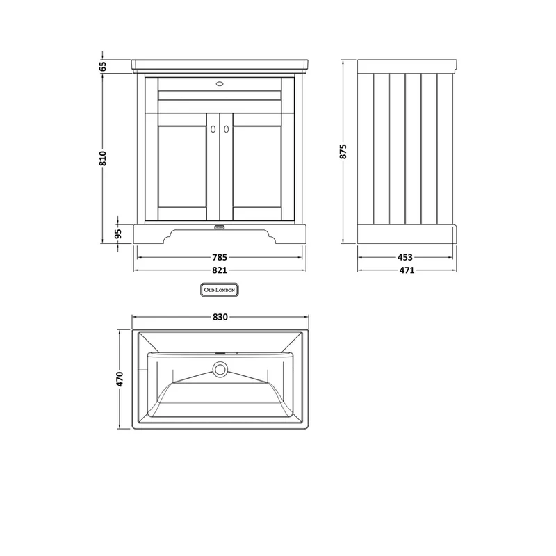 Hudson Reed Old London 800mm 2-door Vanity & Classic Basin 0th Trad Storm Grey MDF Vinyl Textured Woodgrain 875x830x471mm