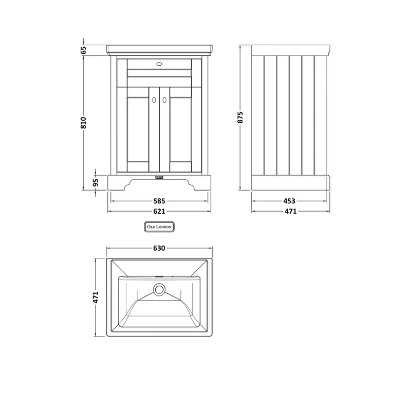 Hudson Reed Old London 600mm 2-door Vanity & Classic Basin 0th Trad Hunter Green MDF Vinyl Smooth Matt 875x630x471mm
