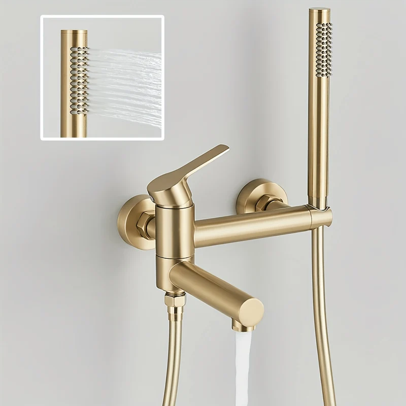 Mitigeur bain-douche mural doré avec douchette et flexible