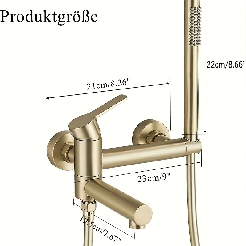 Mitigeur bain-douche mural doré avec douchette et flexible