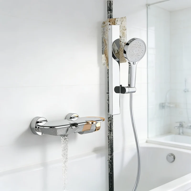 Mitigeur de douche mural chromé avec douchette et barre coulissante