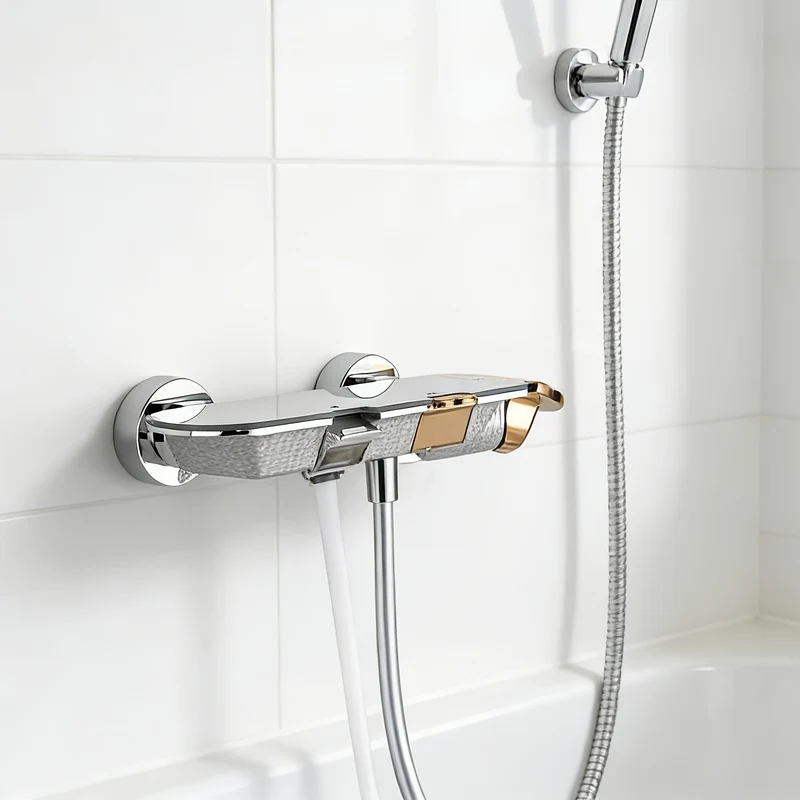 Mitigeur de douche mural chromé avec douchette et barre coulissante