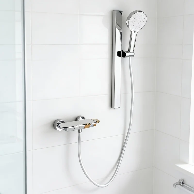 Mitigeur de douche mural chromé avec douchette et barre coulissante