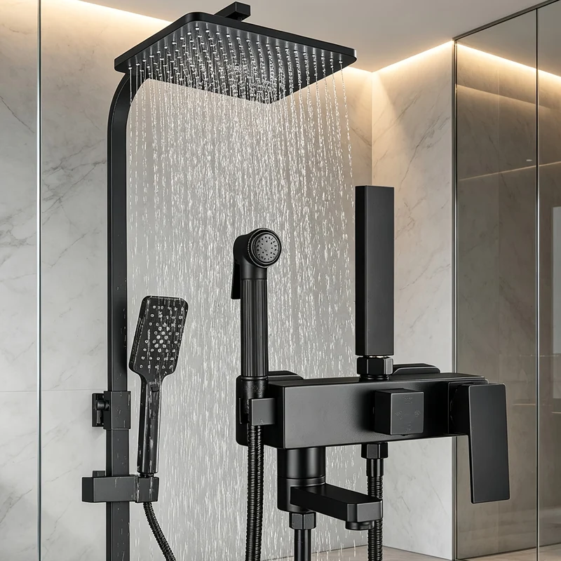 Colonne de douche noire 4 fonctions avec ciel de pluie 33 cm