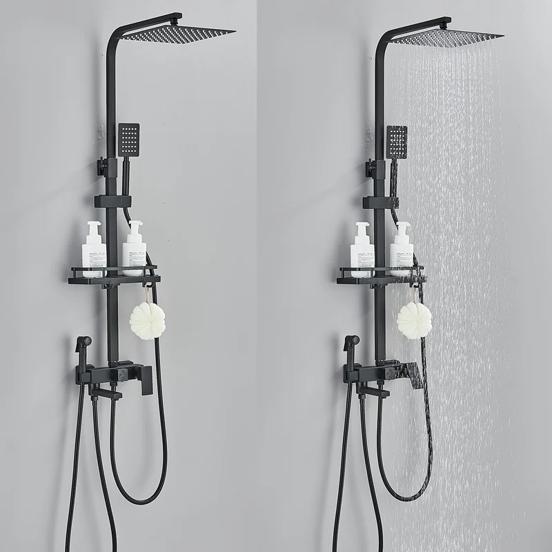 Colonne de douche noire 4 fonctions avec ciel de pluie 33 cm
