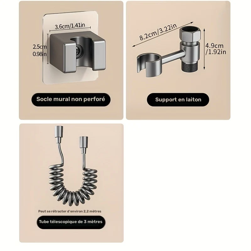 Douchette hygiénique WC avec support sans perçage et flexible télescopique