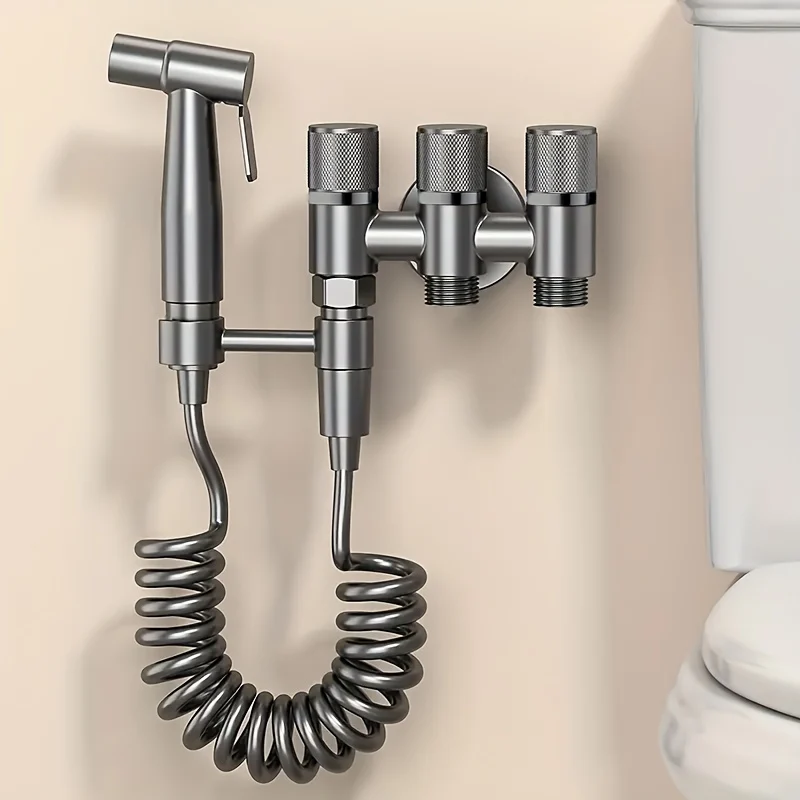 Douchette hygiénique WC avec robinet trois voies et flexible spiralé