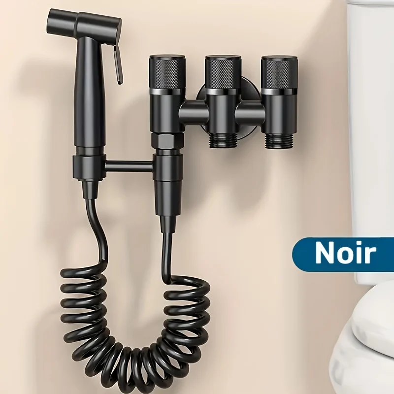 Douchette hygiénique WC avec robinet trois voies et flexible spiralé