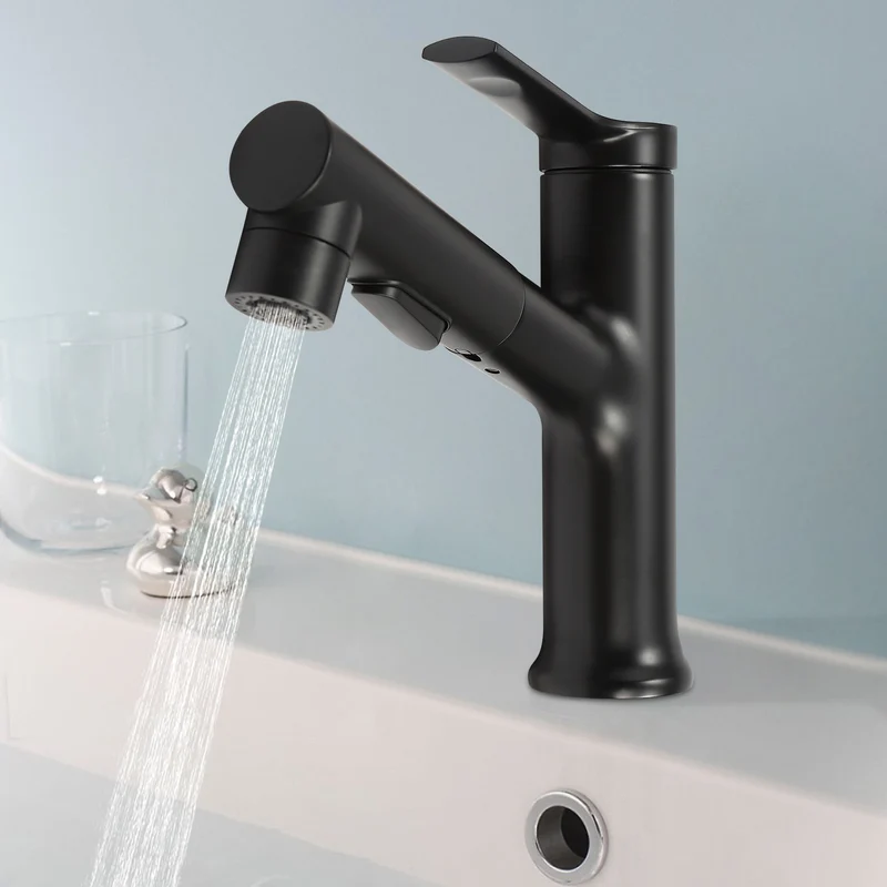 Mitigeur de lavabo noir bas avec douchette extractible de 18 cm