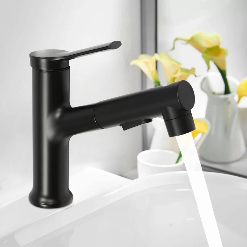 Mitigeur de lavabo noir bas avec douchette extractible de 18 cm
